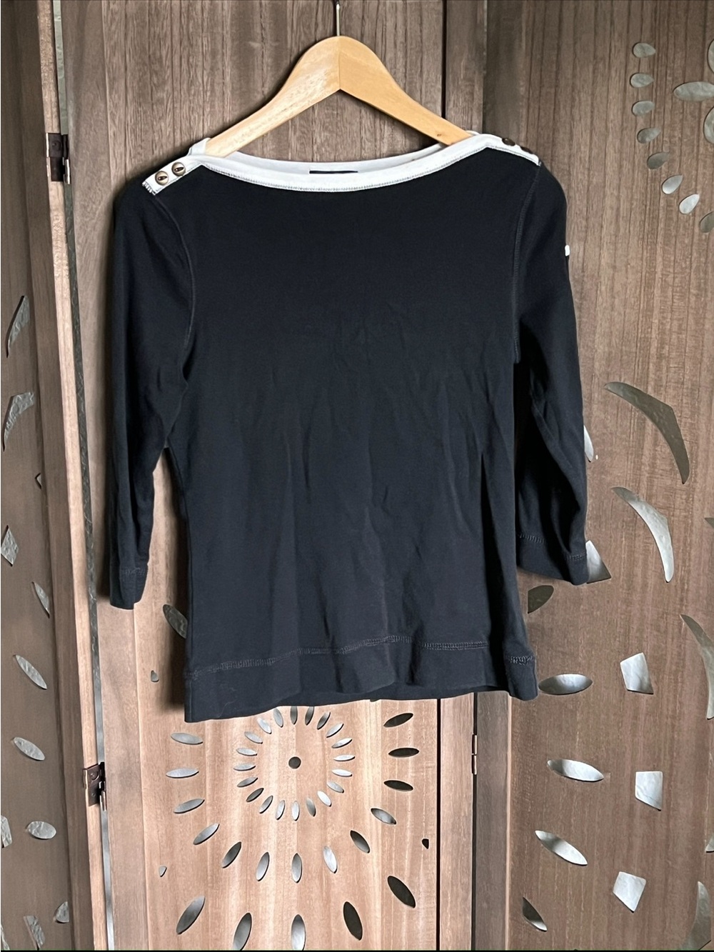Lauren Ralph Lauren Black Boatneck Top with White Trim & Shoulder Buttons